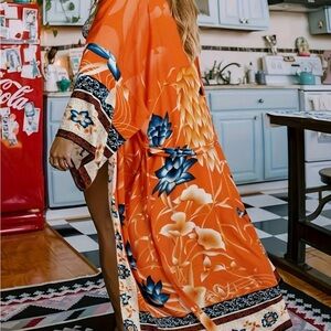 Flamingo Boho Kimono In Floral Pattern, Orange, Blue & Cream